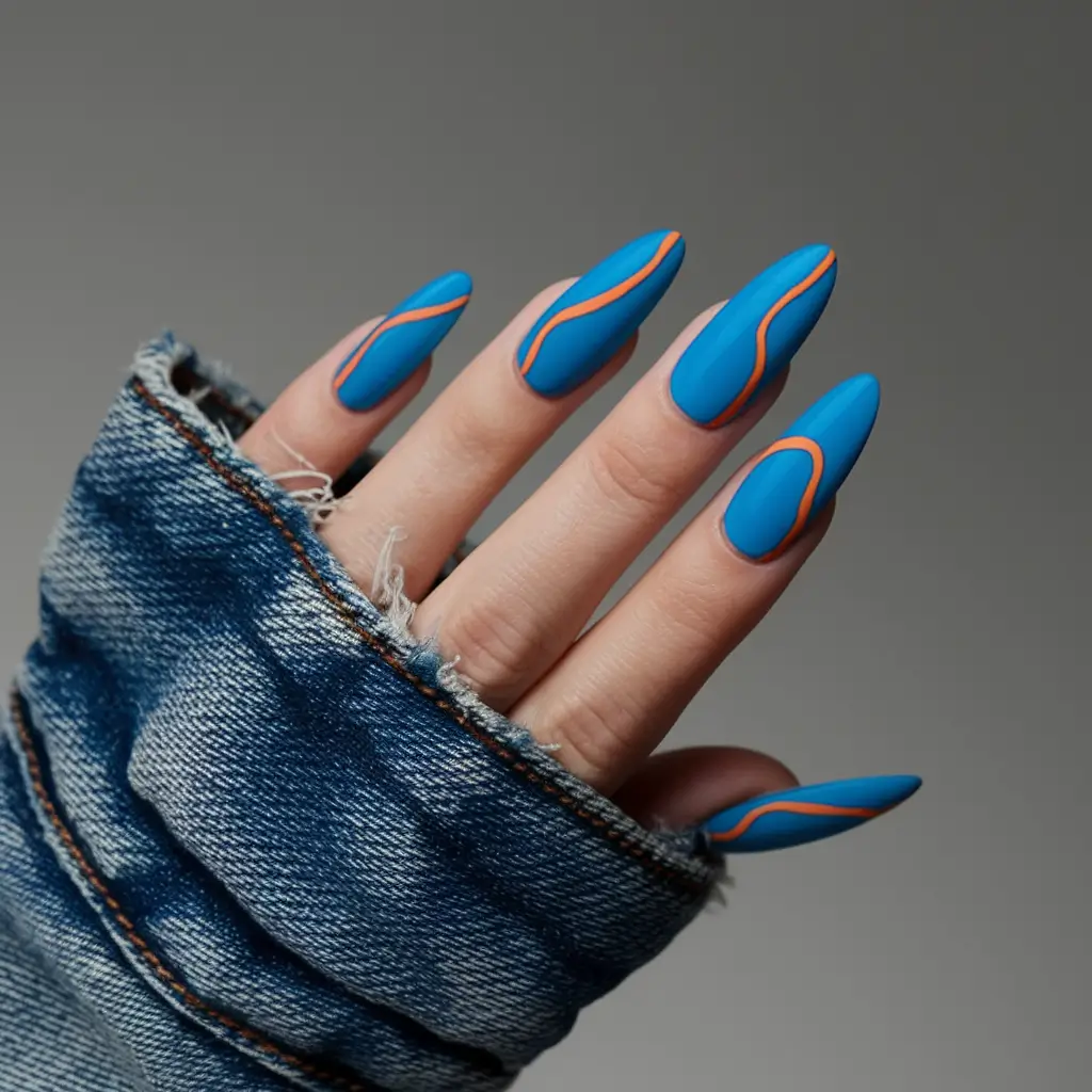 blue nails summer french Matte Blue with Orange Wave Lines