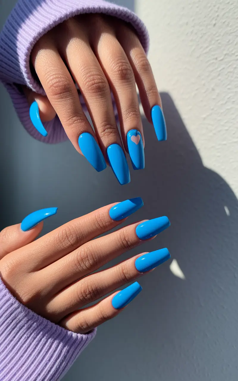 blue nails summer simple Glossy Light Blue with a Heart Pop