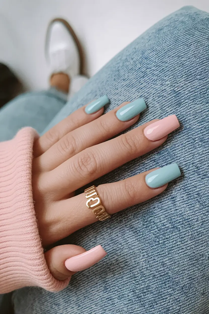 blue nails summer short Soft Blue and Pink Block Pastels
