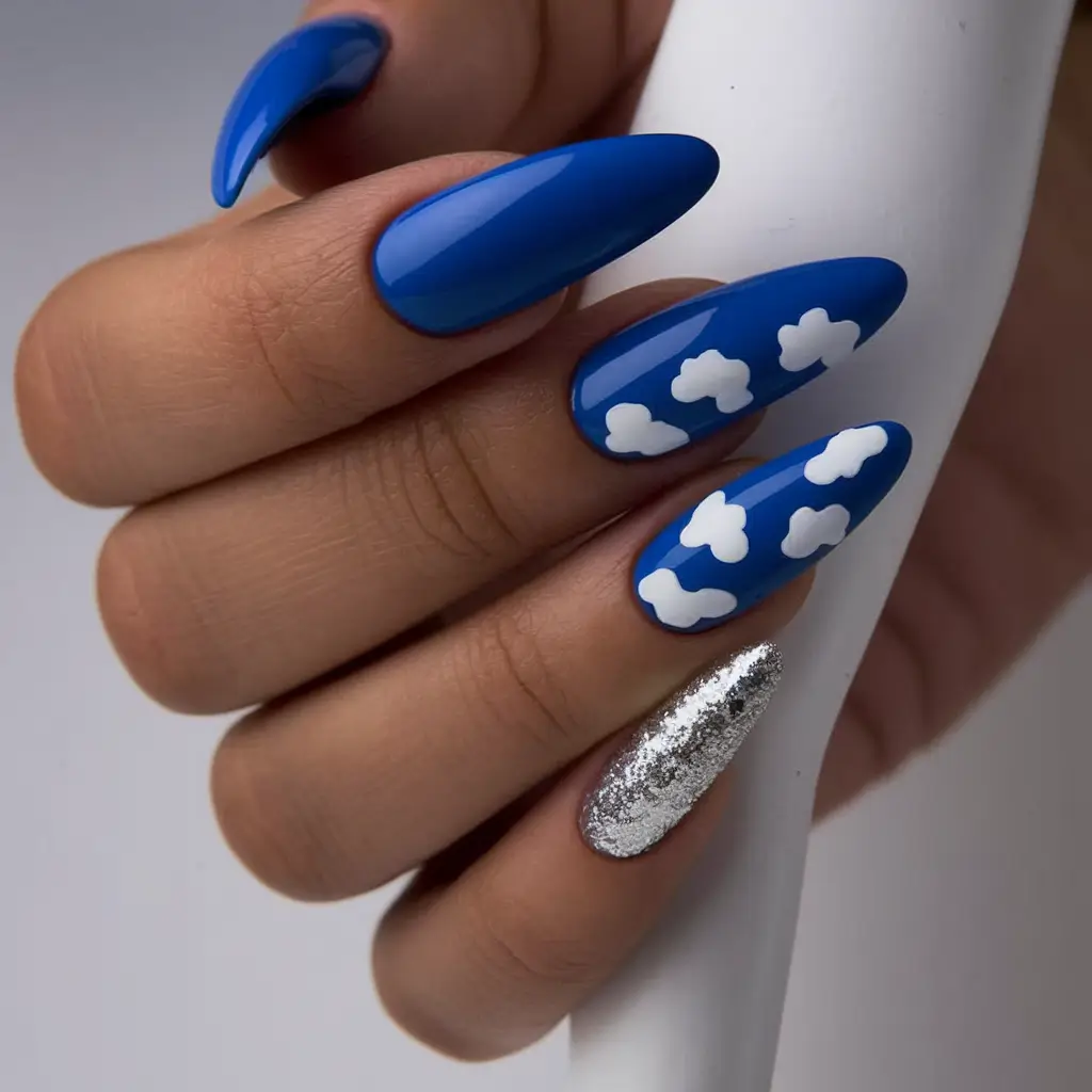 blue nails summer flower Sky Cloud Motif with Silver Sparkle