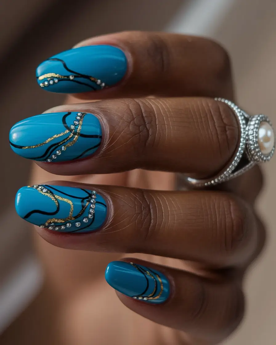 blue nails summer 2025 almond Ocean Gemstone with Gold & Crystals