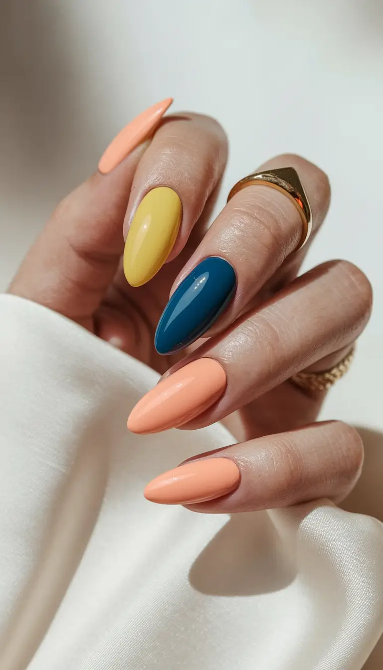 Glossy Gel Nail Designs for Summer 2025+Sunshine Pop With a Twist of Navy