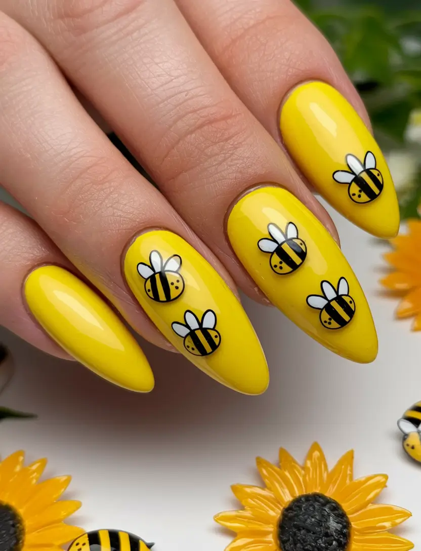 Glossy Gel Nail Designs for Summer 2025+Busy Bee Buzz