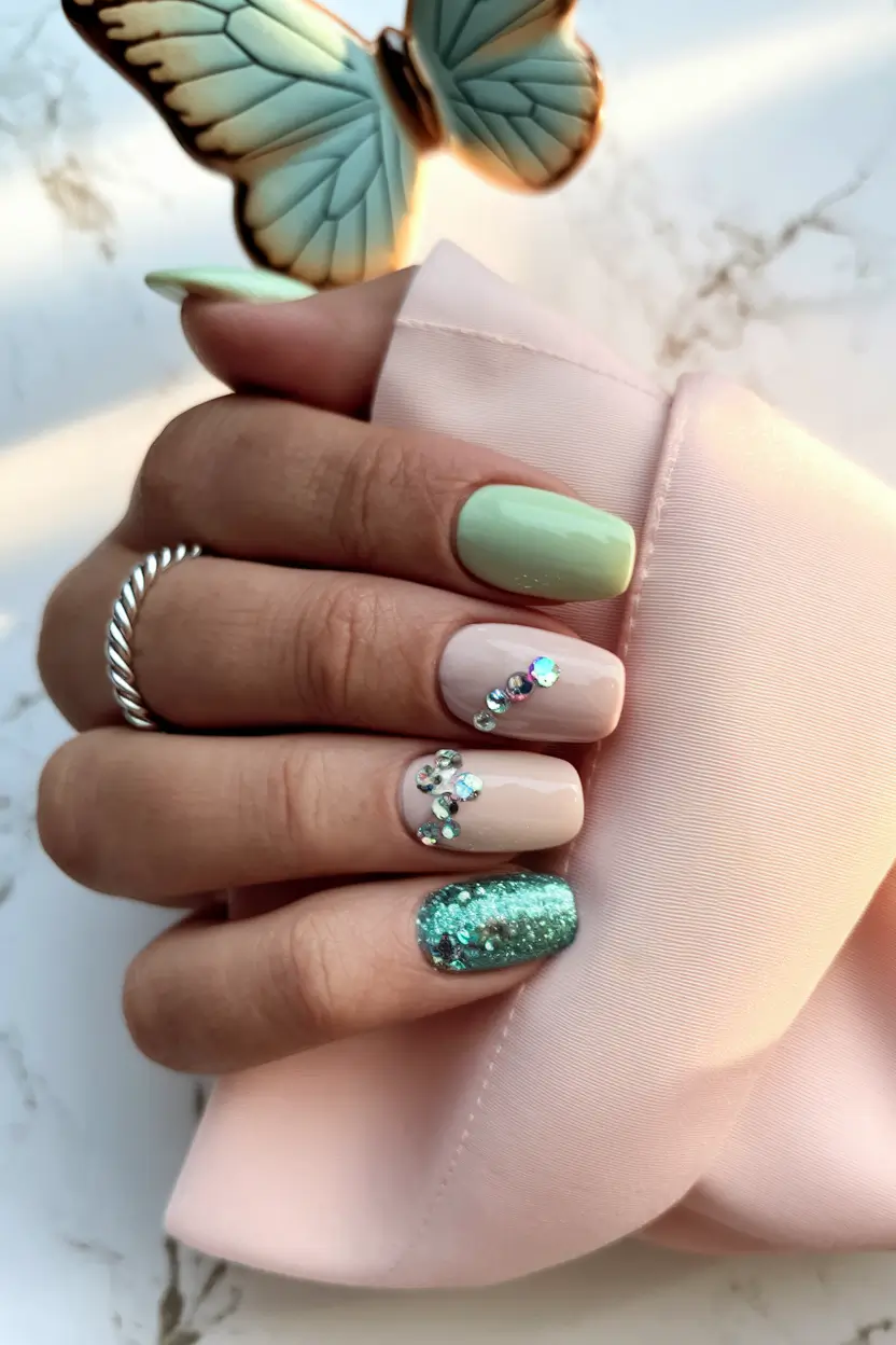 Glossy Gel Nail Designs for Summer 2025+Mint Shimmer with Crystal Accents
