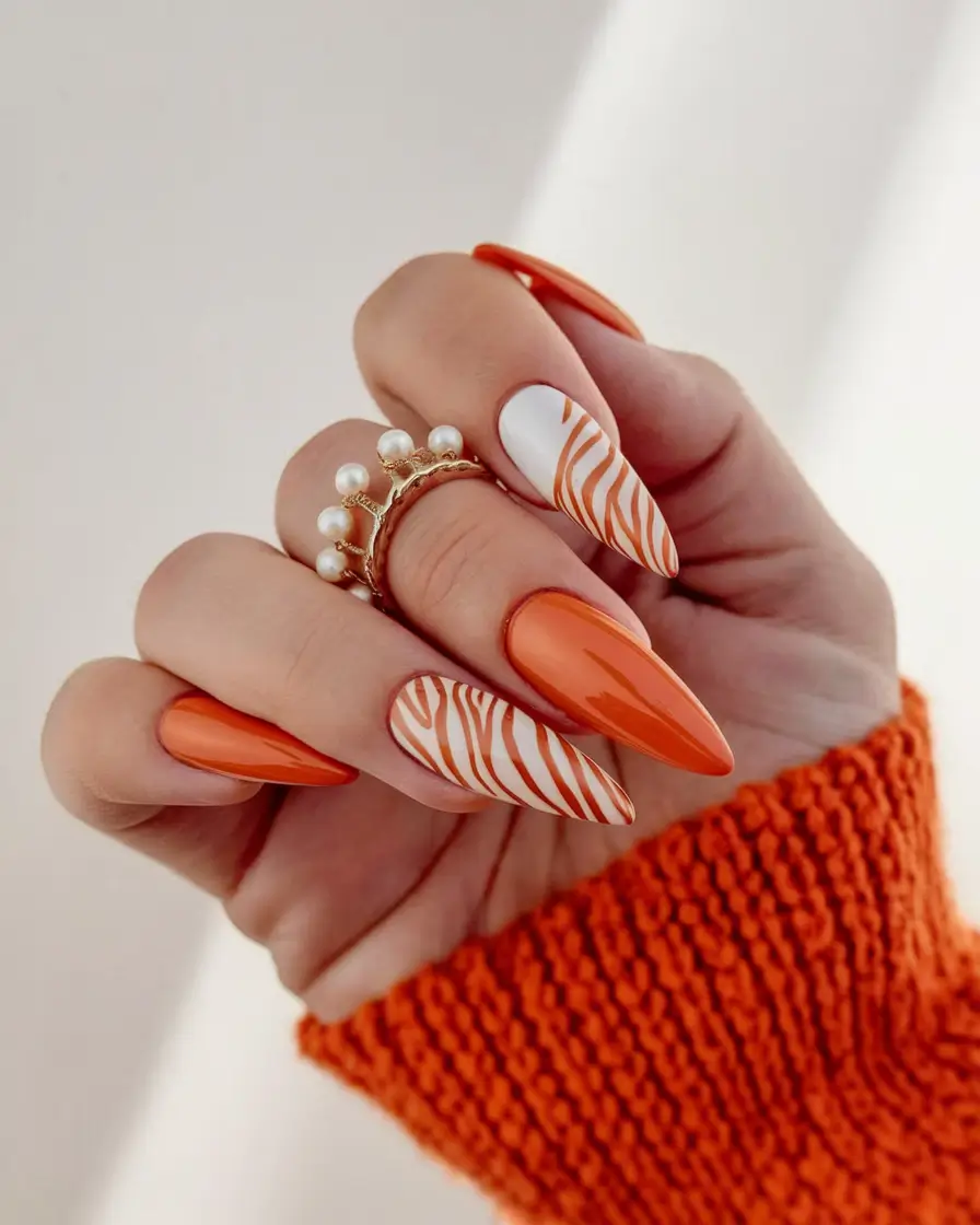 Glossy Gel Nail Designs for Summer 2025+Tiger Stripe Orange Crush