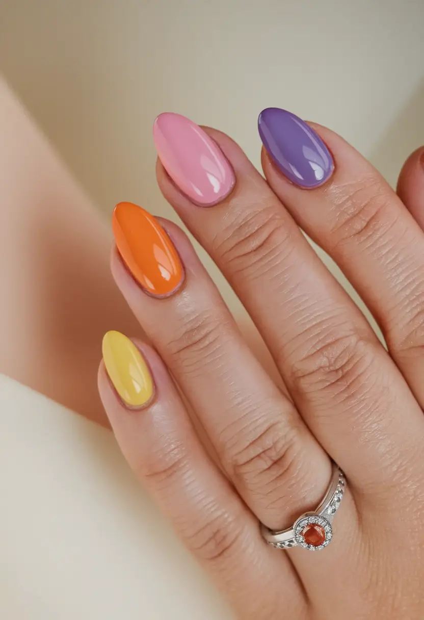 Glossy Gel Nail Designs for Summer 2025+Fruit Sorbet Rainbow Vibes