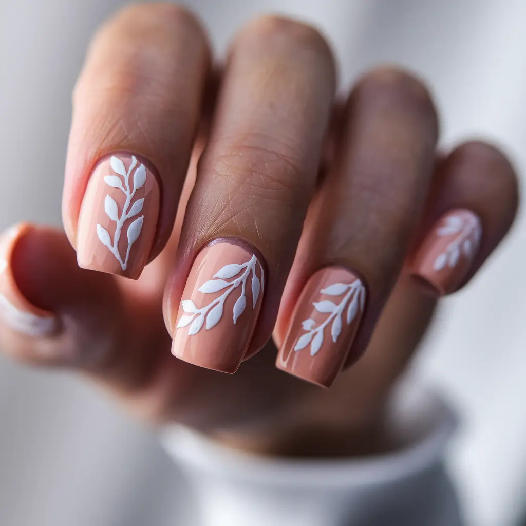 Glossy Gel Nail Designs for Summer 2025+Minimalist Nature Leaves