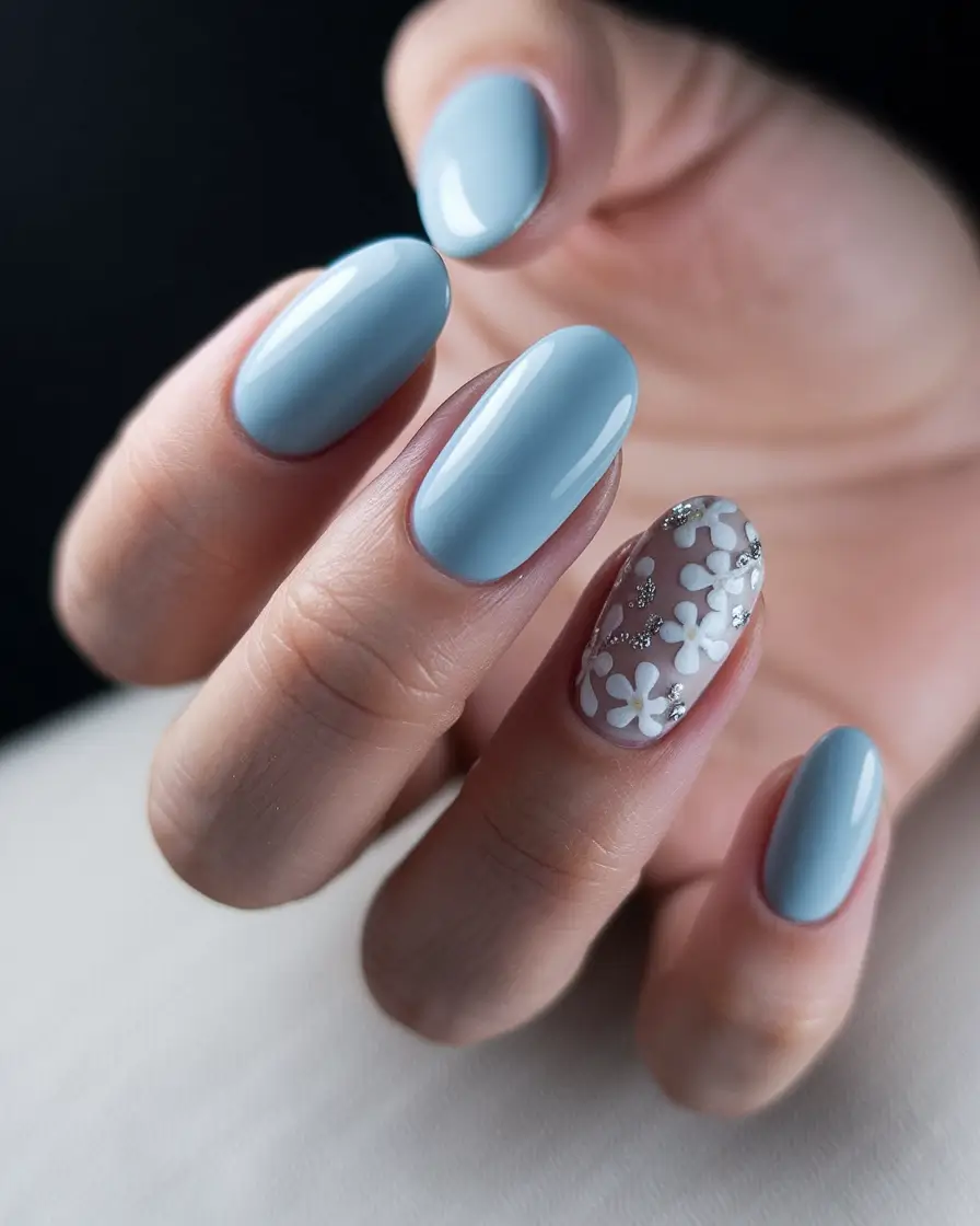 Glossy Gel Nail Designs for Summer 2025+Powder Blue with Floral Fantasy