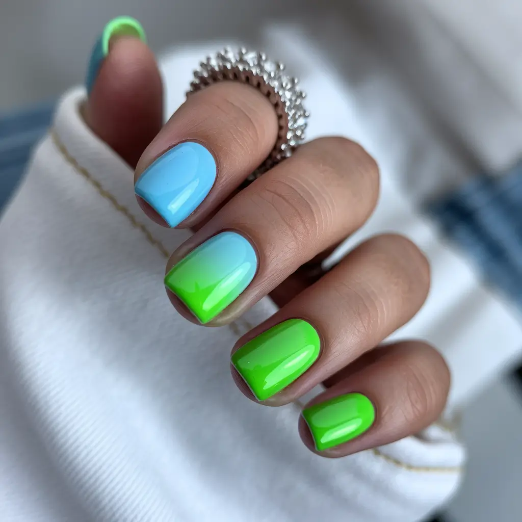 Glossy Gel Nail Designs for Summer 2025+Green Splash Meets Sky Dip