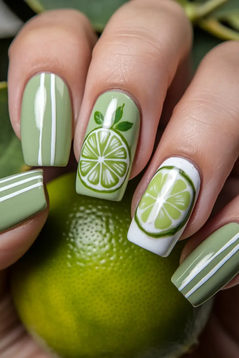 Glossy Gel Nail Designs for Summer 2025+Lime Lines and Citrus Chic