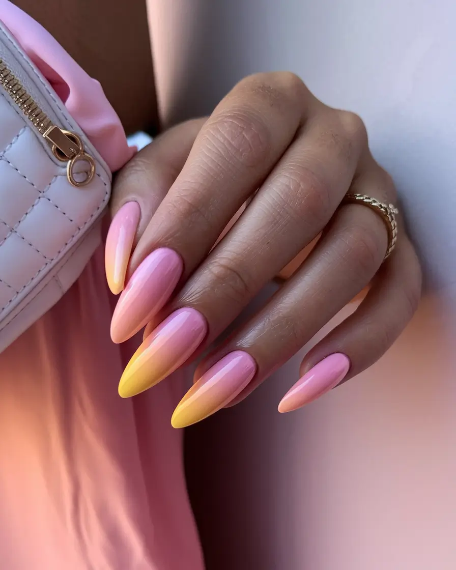 Glossy Gel Nail Designs for Summer 2025+Sunset Sherbet Ombre