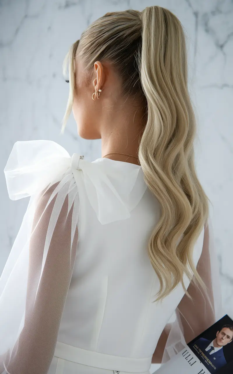 Cute Easy Hairstyles for Summer 2025 High Wavy Ponytail with Bridal Flair