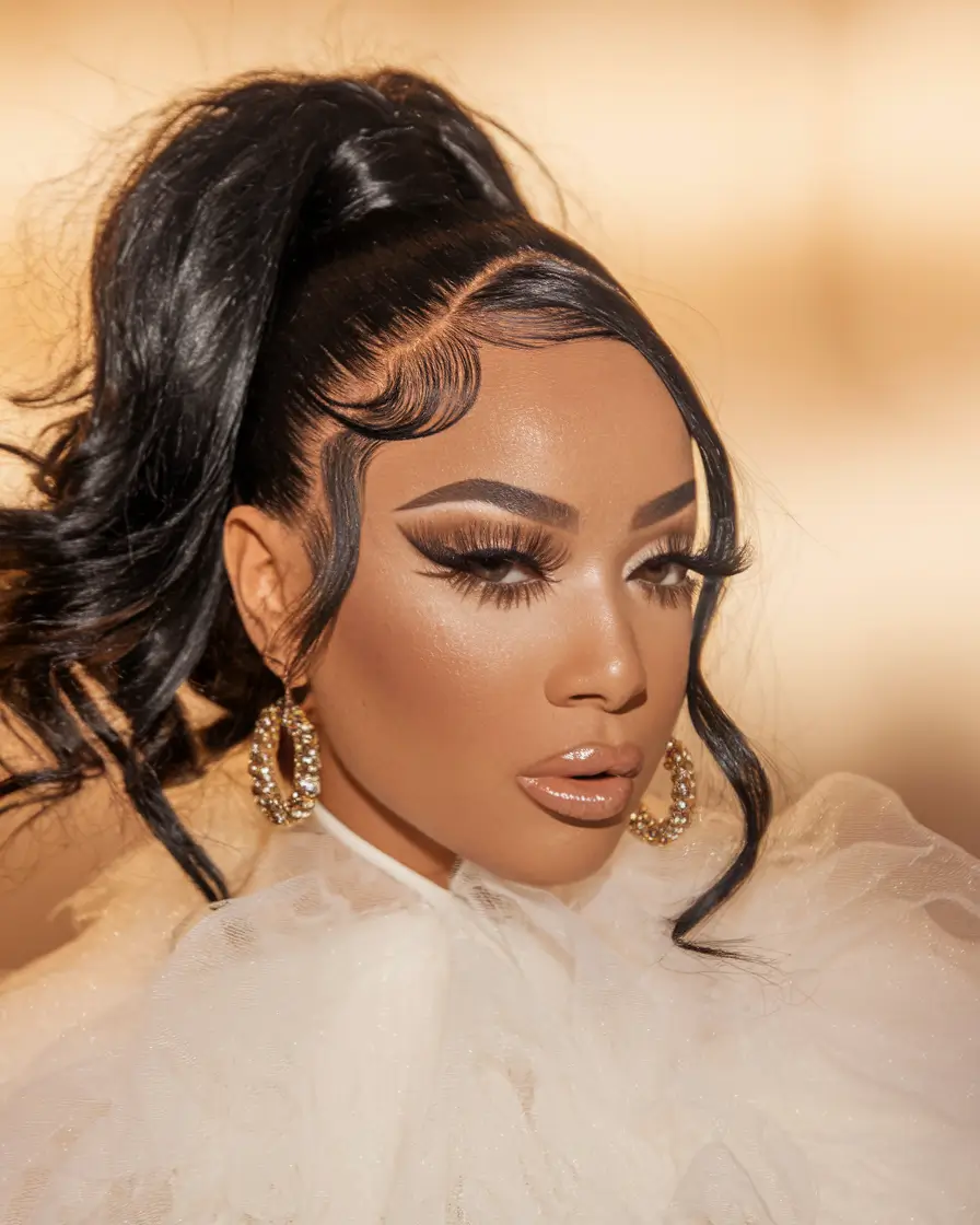 Cute Easy Hairstyles for Summer 2025 High Curled Ponytail with Dramatic Edges