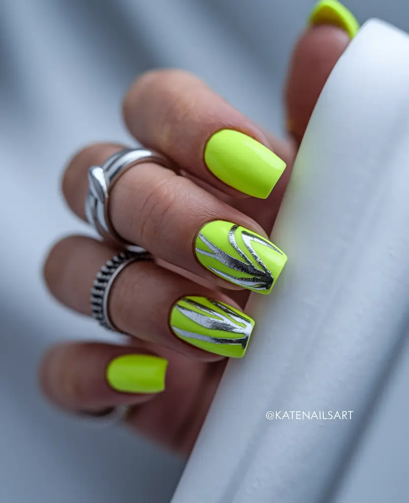 Cutest Nail Ideas for Summer 2025+Silver Surge on Neon Yellow