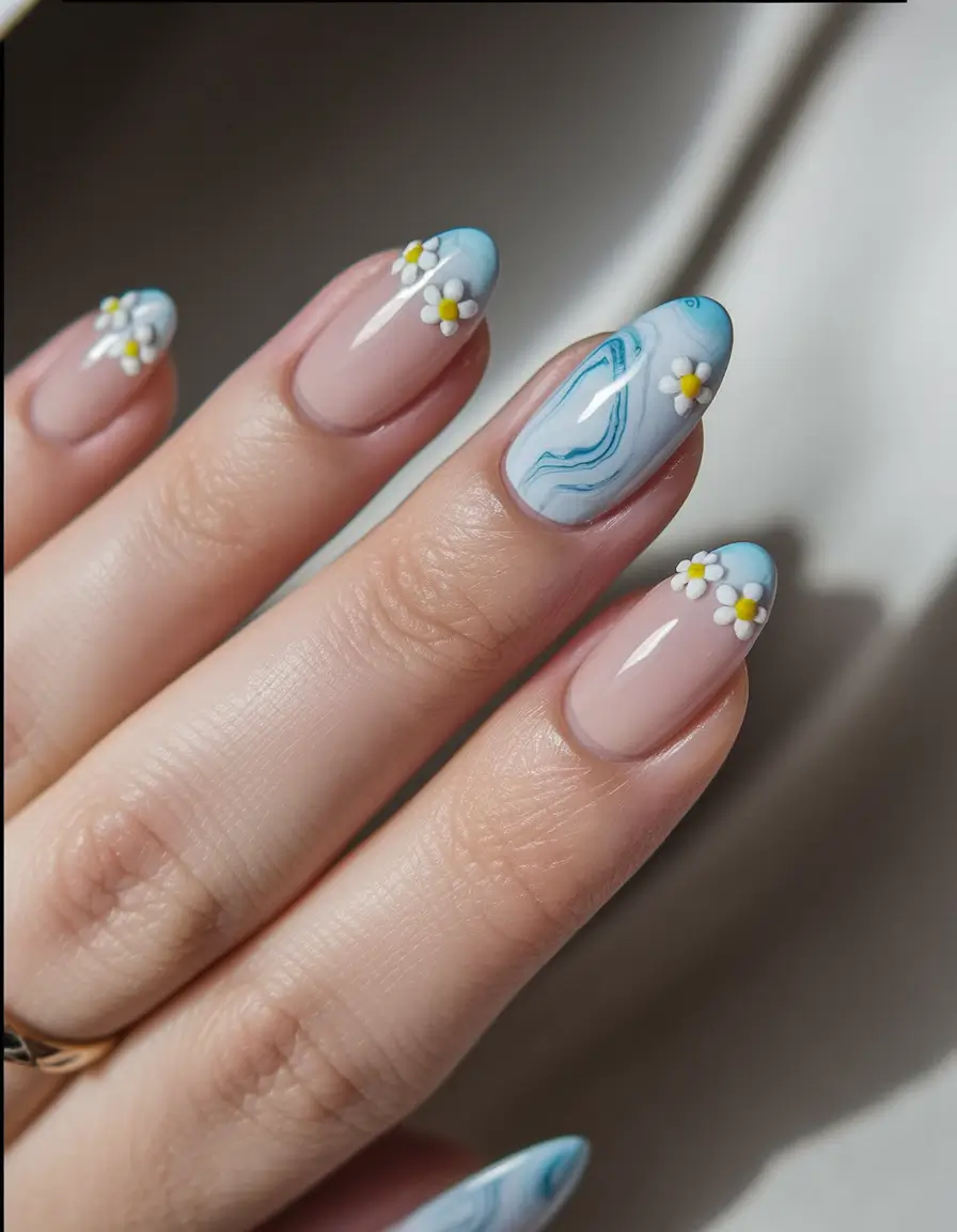 Cutest Nail Ideas for Summer 2025+Blue Marbled Florals