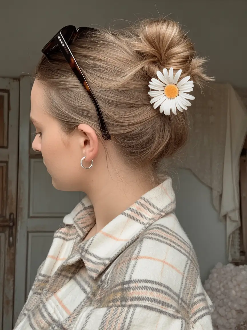 Easy to work hairstyles for busy mornings - Summer 2025! Messy Bun with a Floral Clip