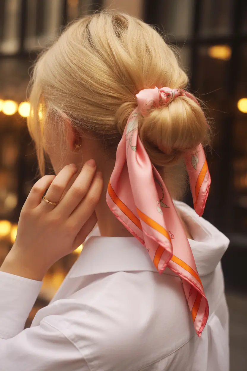 Easy to work hairstyles for busy mornings - Summer 2025! Chic Bun with a Scarf Detail