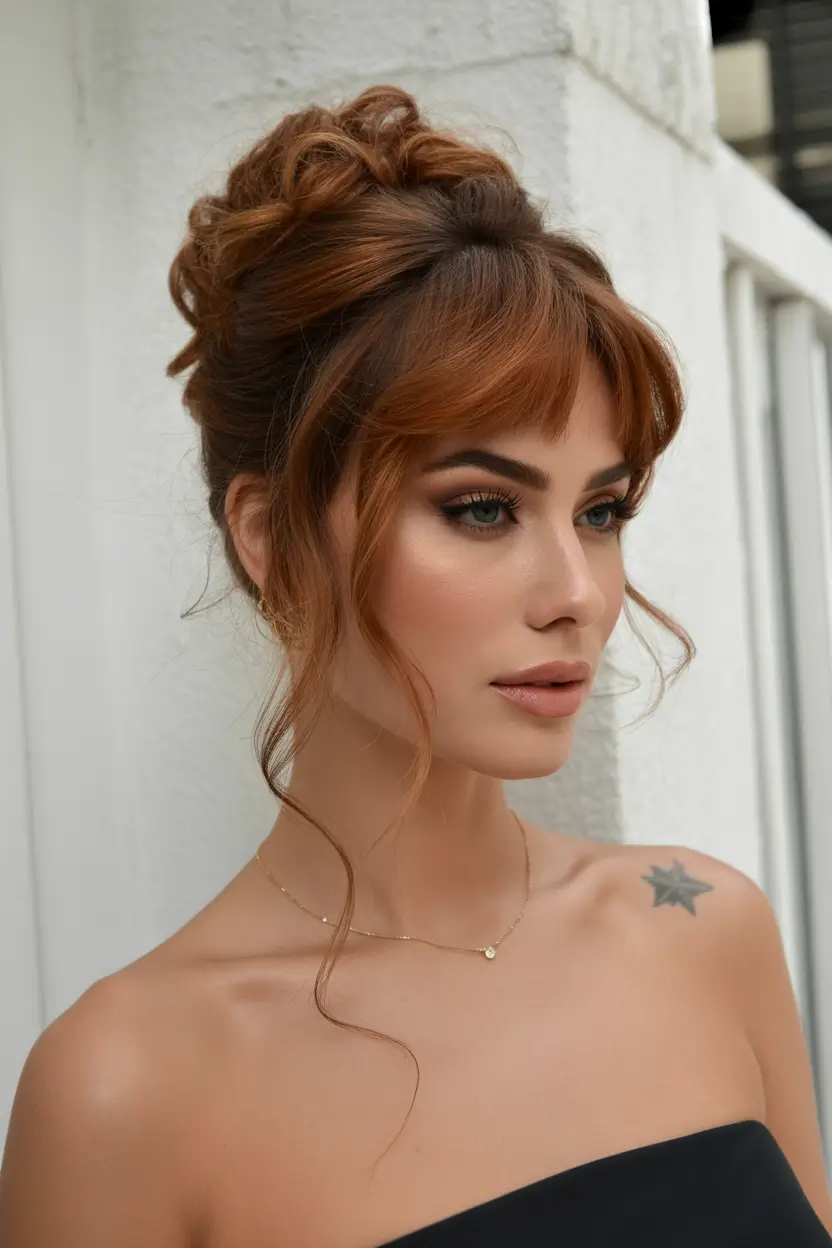 Easy to work hairstyles for busy mornings - Summer 2025! Romantic Messy Updo with Face-Framing Fringe