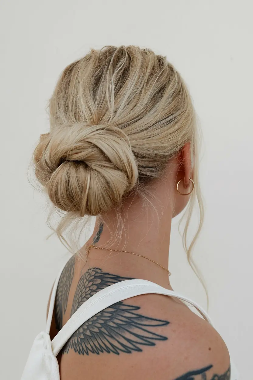 Effortless Pool Day Hairstyles - Simple Summer 2025 Looks Textured Low Bun with Face-Framing Strands