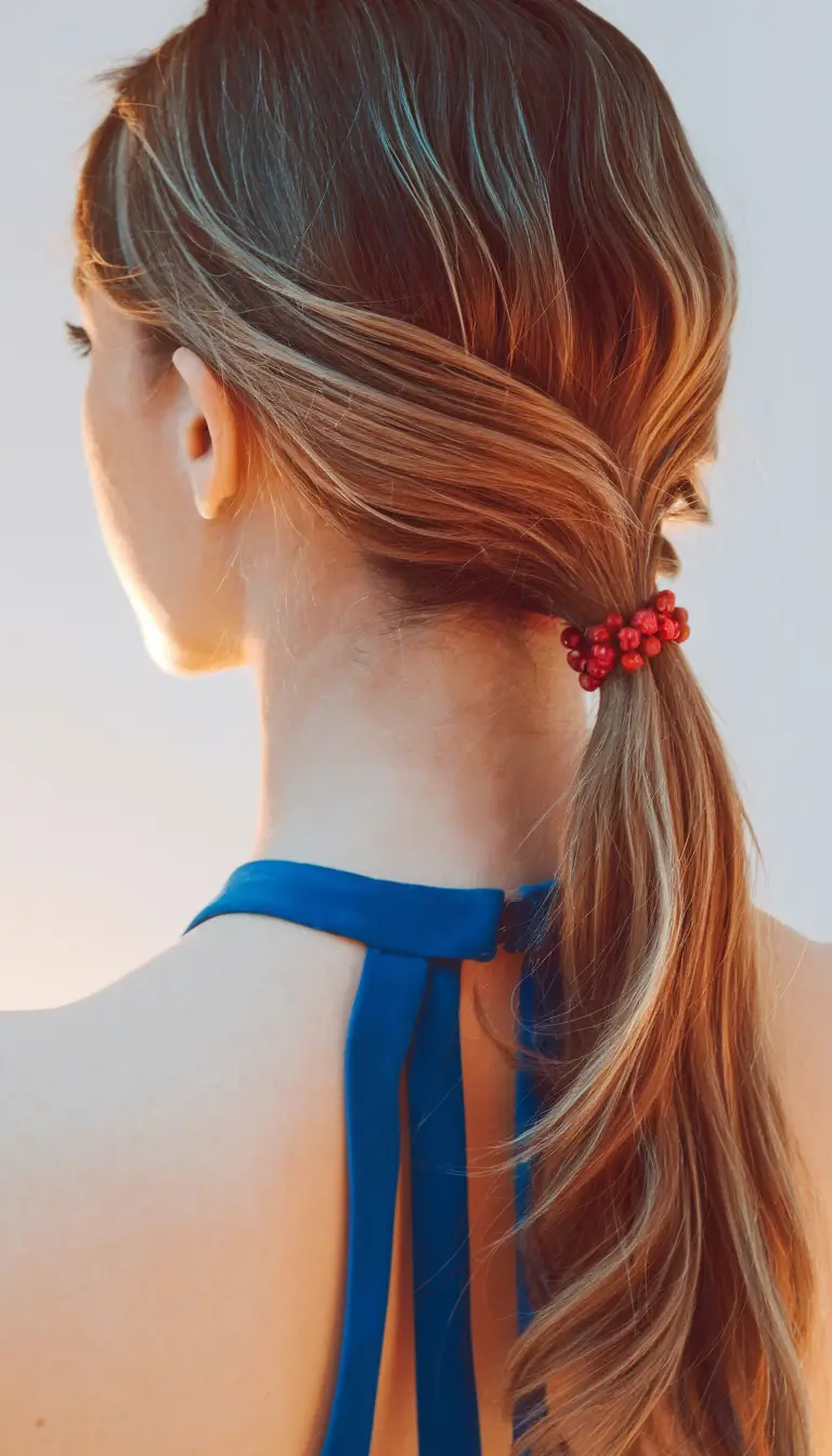 Effortless Pool Day Hairstyles - Simple Summer 2025 Looks Twisted Low Ponytail with Beaded Detail