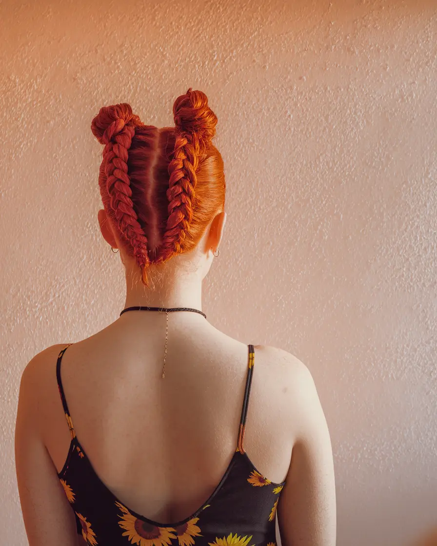 Effortless Pool Day Hairstyles - Simple Summer 2025 Looks Braided Space Buns in Sunset Red