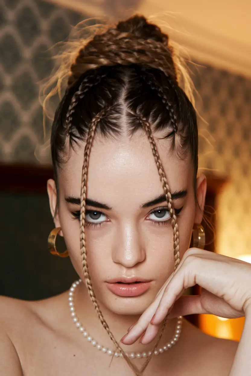 Effortless Pool Day Hairstyles - Simple Summer 2025 Looks High Braided Bun with Skinny Accent Plaits