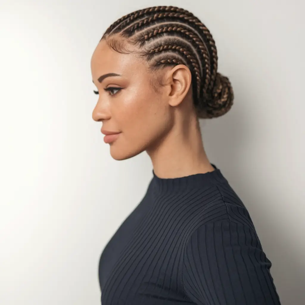 Effortless Pool Day Hairstyles - Simple Summer 2025 Looks Protective Braided Bun with Cornrow Base