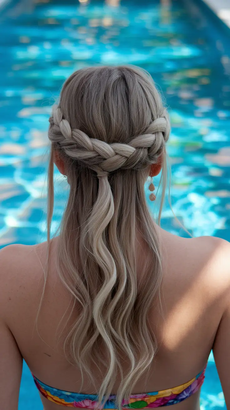 Effortless Pool Day Hairstyles - Simple Summer 2025 Looks Waterfall Crown Braid with Loose Waves