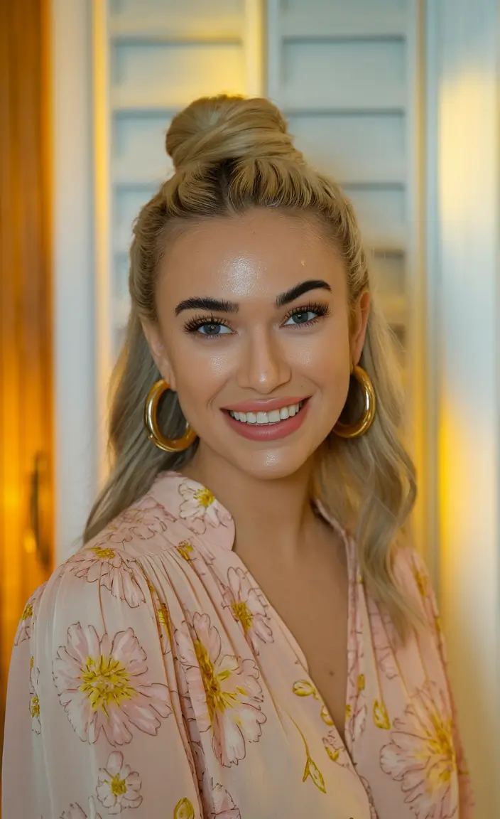 Effortless Pool Day Hairstyles - Simple Summer 2025 Looks Romantic Blonde Half-Bun with Soft Waves