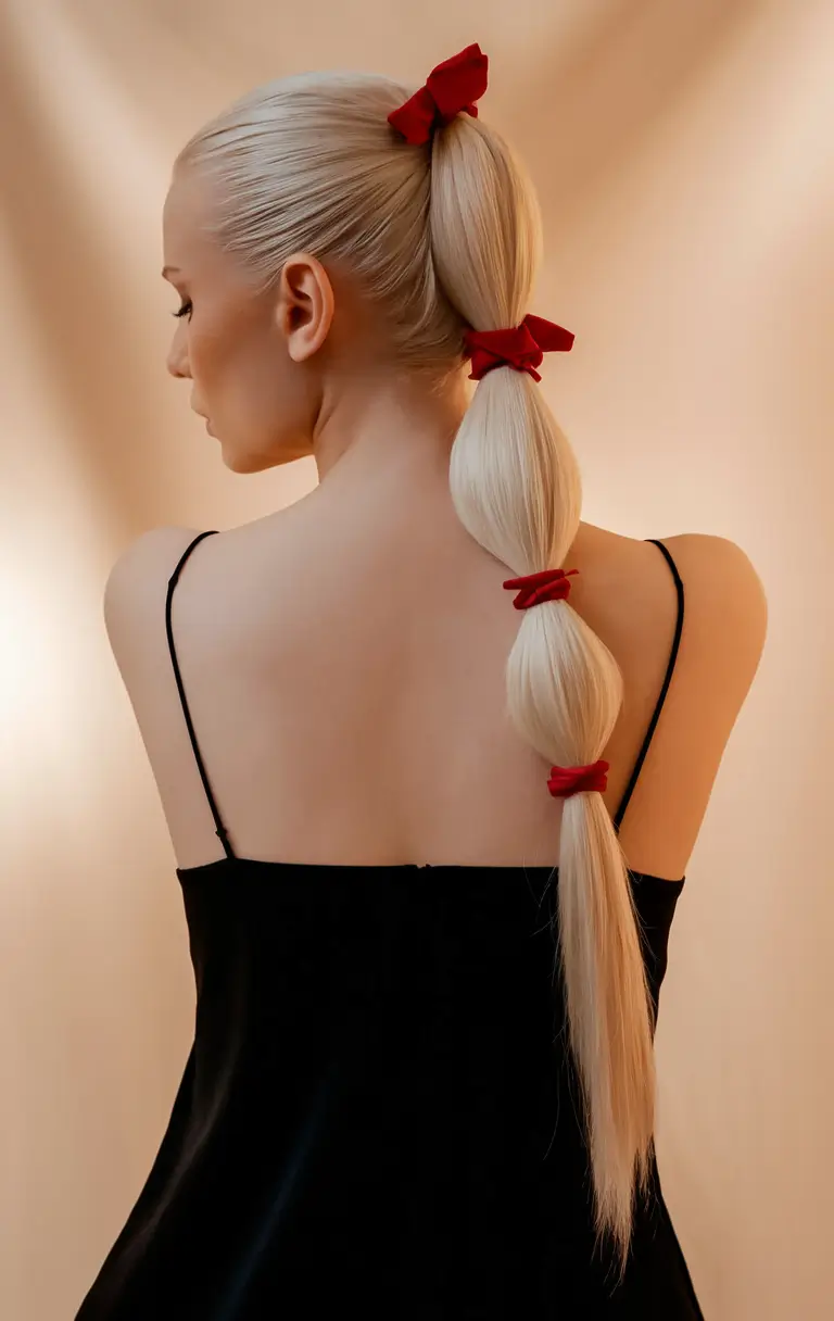 Effortless Pool Day Hairstyles - Simple Summer 2025 Looks Bubble Ponytail with Cherry Bows
