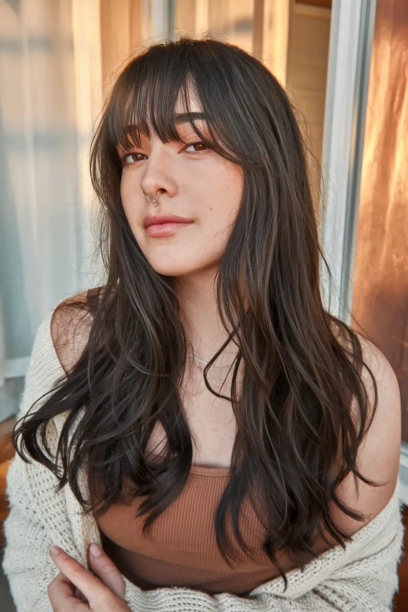Haircuts with Bangs – Summer Ideas 2025: Soft Fringe Ideas Soft Brown Layers with Breezy Fringe