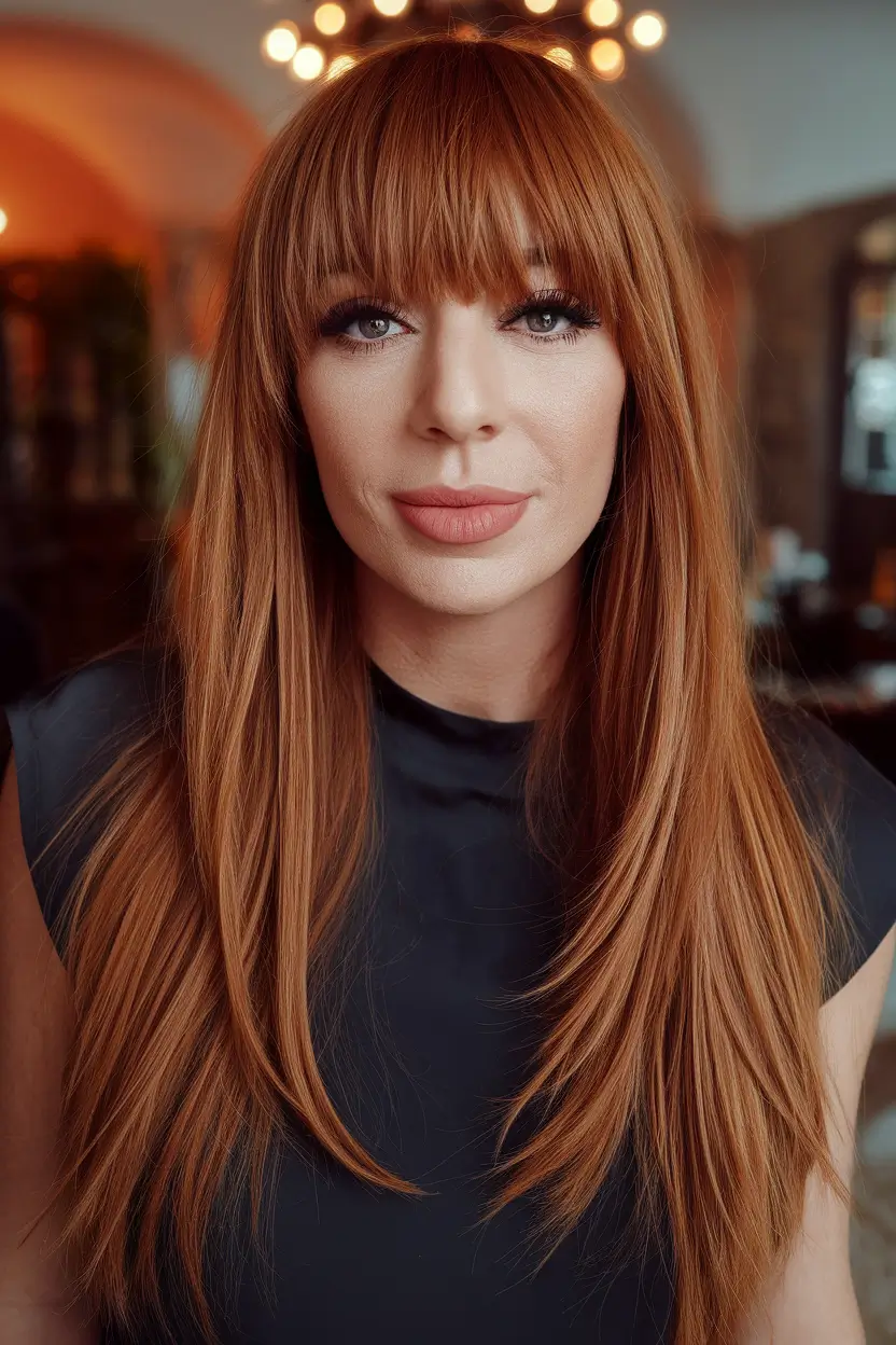 Haircuts with Bangs – Summer Ideas 2025: Soft Fringe Ideas Copper Layers with Soft Bangs