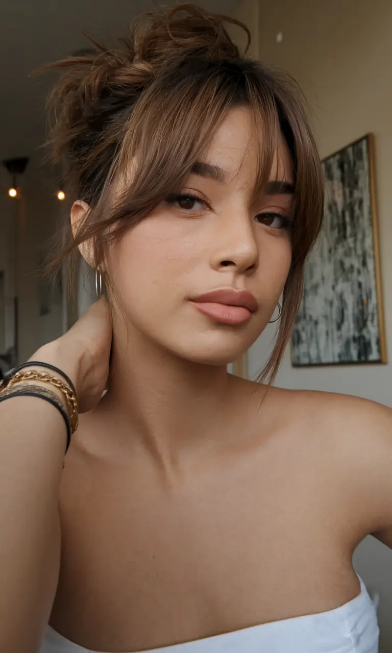 Haircuts with Bangs – Summer Ideas 2025: Soft Fringe Ideas Chic Updo with Airy Bangs