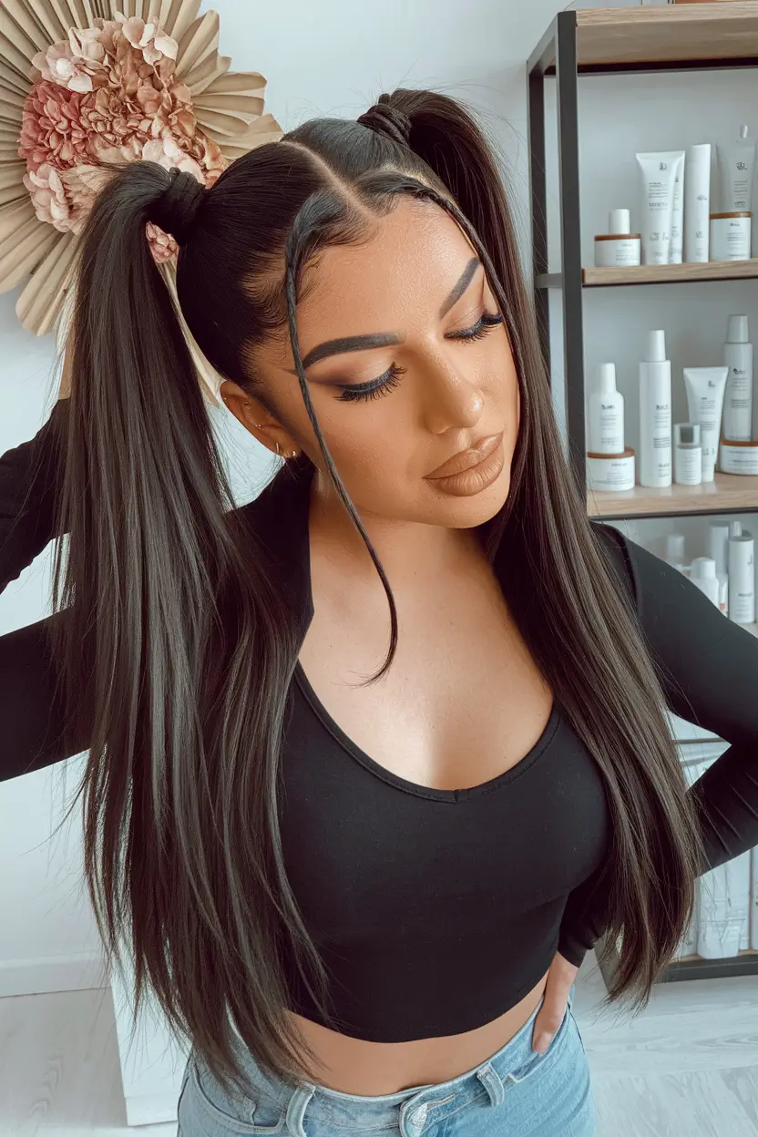 hairstyles-for-june-birthdays-Glossy-Twin-Ponytails-with-Center-Braid-Accent