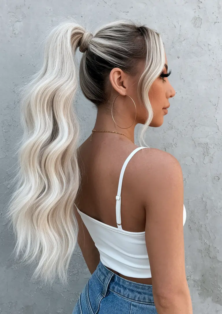 june-hairstyles-ideas-2025-Wavy-High-Pony-with-Platinum-Drama