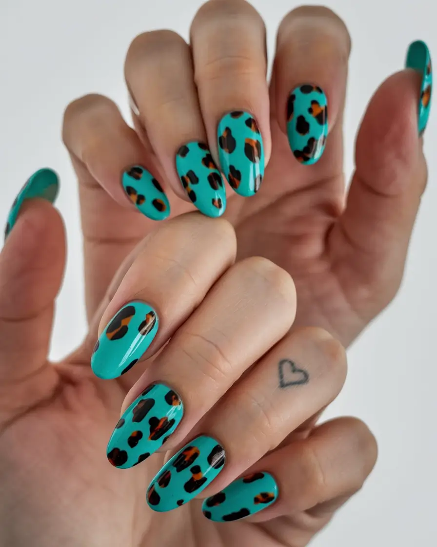 june nails ideas 2025 Teal Leopard for Wild Summer Energy