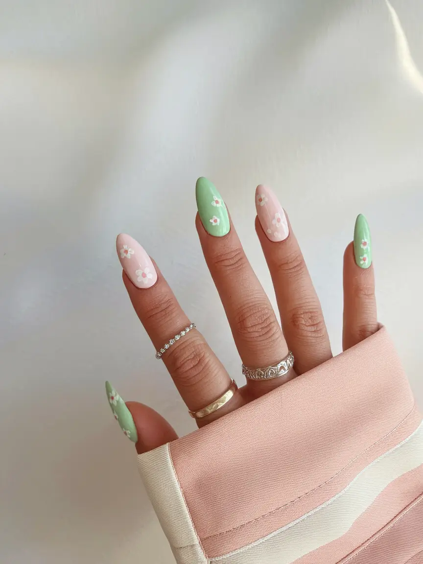june nails ideas 2025 Pastel Blooms in Green and Pink