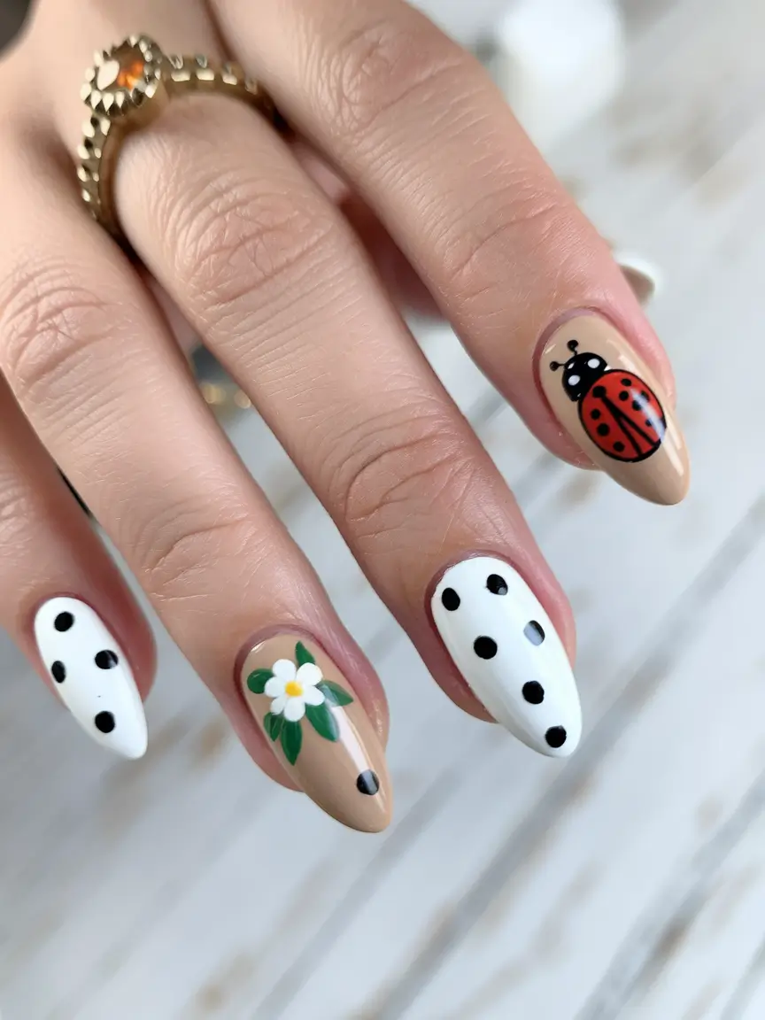june nails ideas 2025 Playful Ladybug Dots with Natural Tones