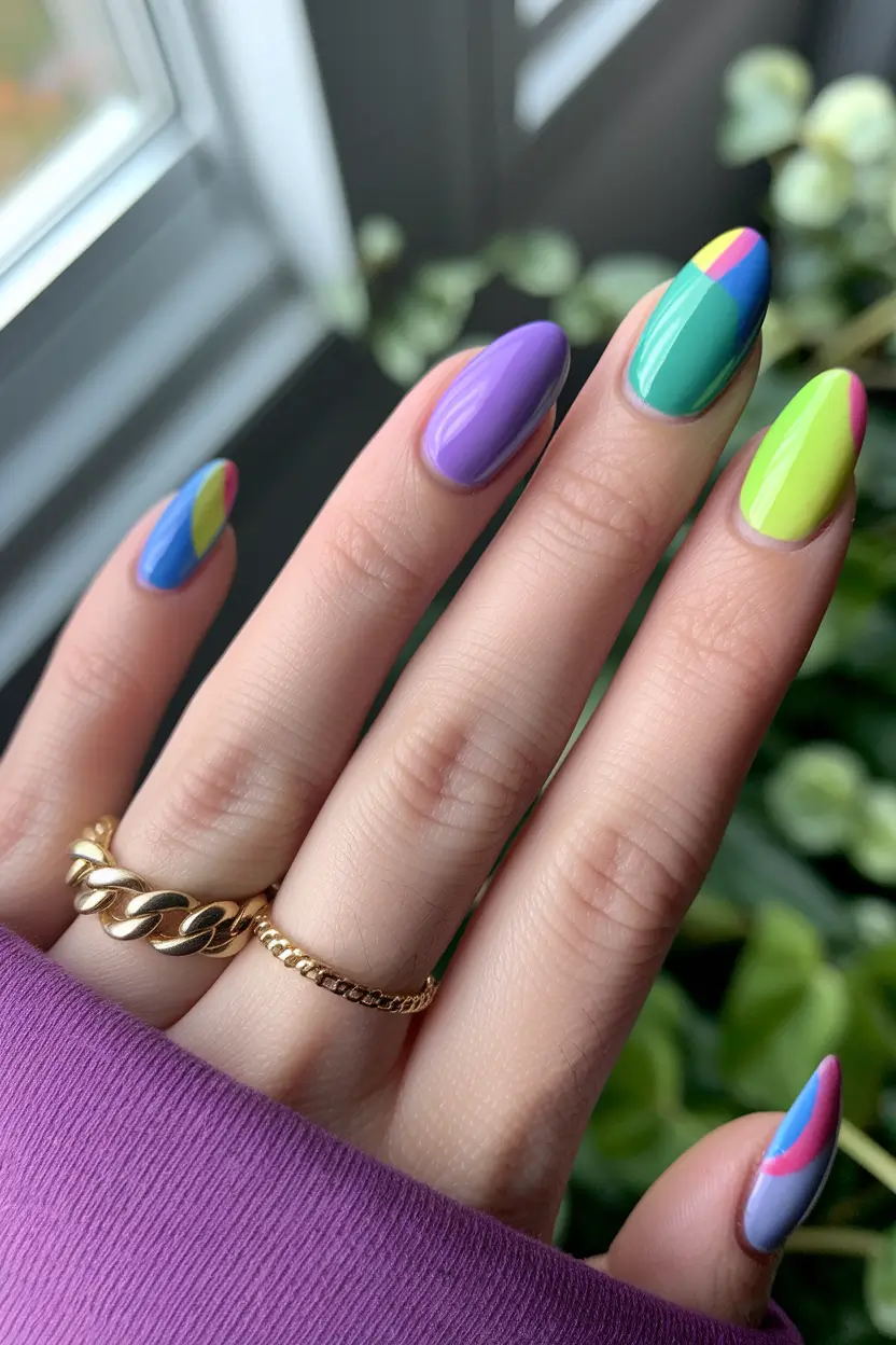 june nails ideas 2025 Color Block Pop with a Retro Twist
