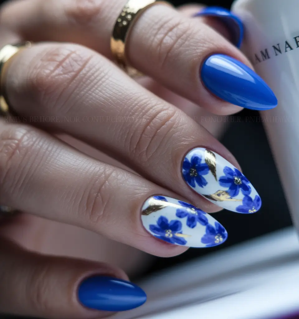 june nails ideas 2025 Floral Blue on Almond Tips