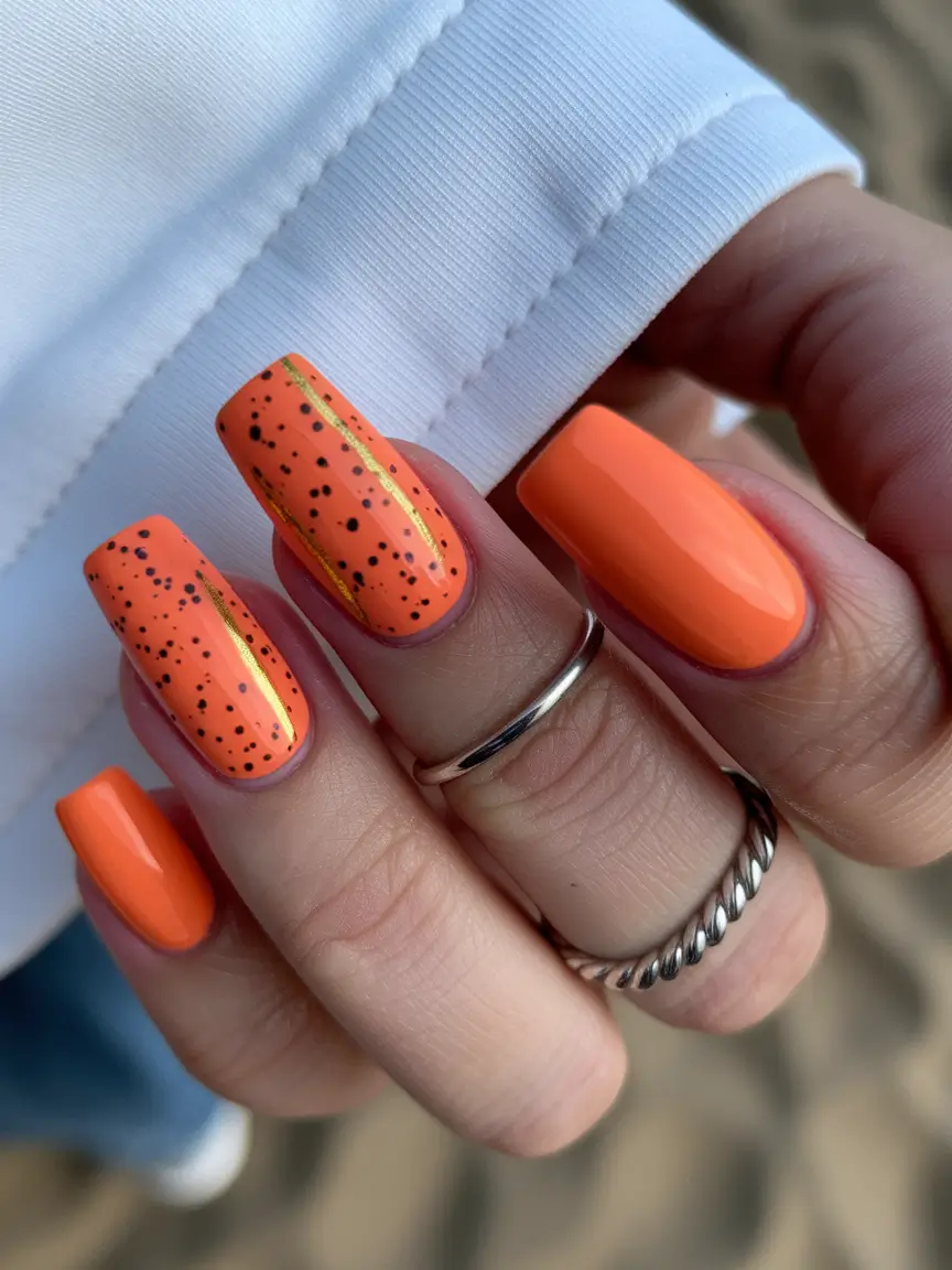 june nails ideas 2025 Electric Orange Speckle with a Golden Stripe