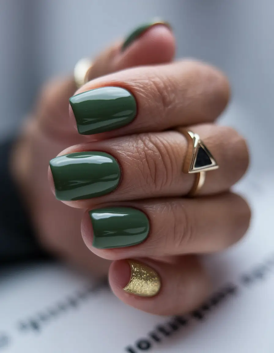 june nails ideas 2025 Olive Green Meets Gold Glam on Short Nails