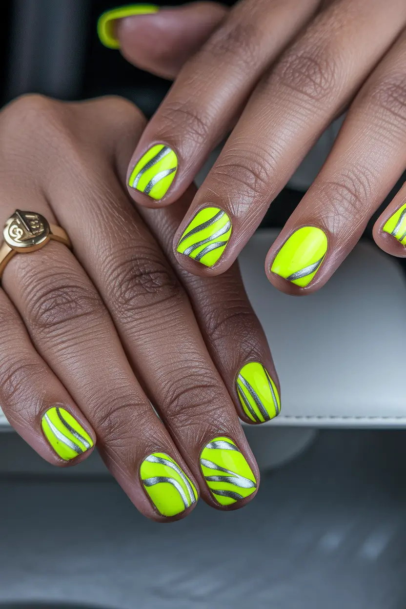 june nails ideas 2025 Neon Yellow with Silver Lightning Stripes