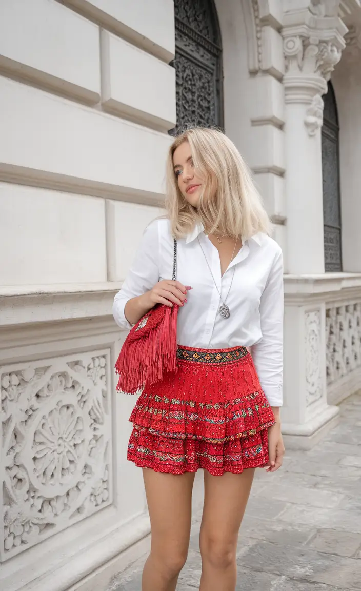 june outfits ideas 2025 Flamenco Skirt Meets Boardroom Button-Down