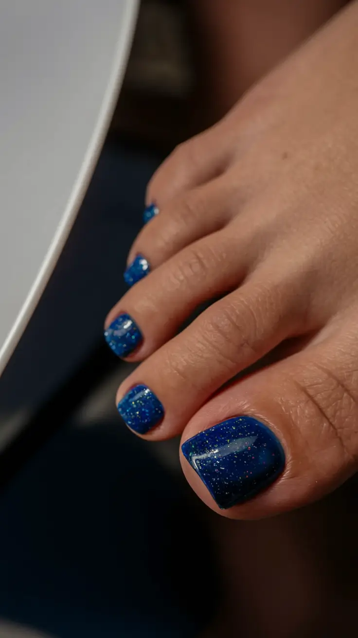 june toe nails ideas 2025 Galaxy Glitter in Midnight Blue