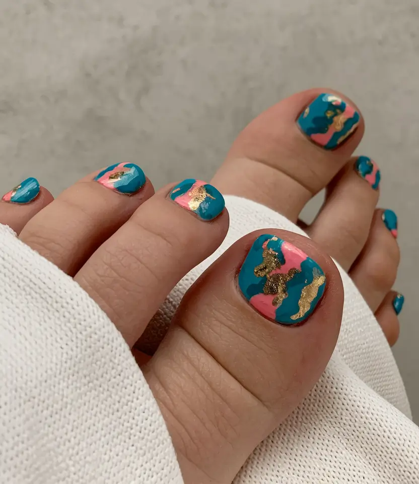 june toe nails ideas 2025 Abstract Summer Splash with Gold Accents