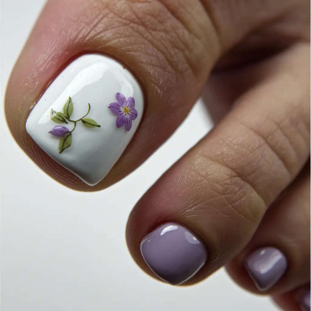 june toe nails ideas 2025 Minimal Lavender Florals on Porcelain White