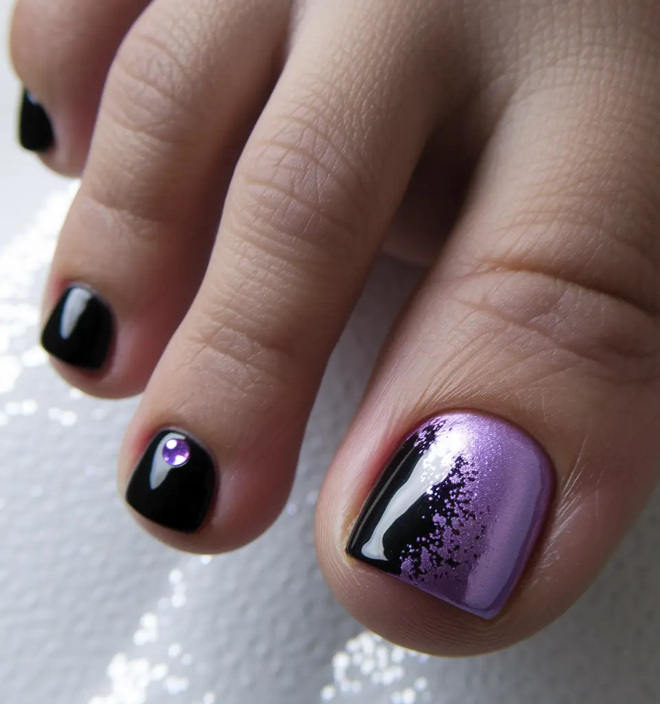 june toe nails ideas 2025 Violet and Black with Sparkle Drama