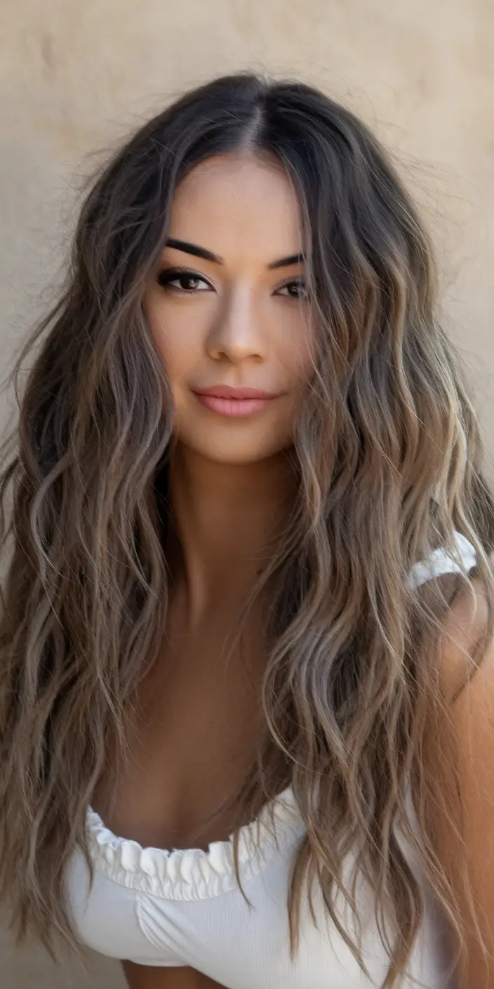 Long Haircut – Summer Ideas 2025: Effortless Waves Undone Summer Texture with Smoky Brunette Blend