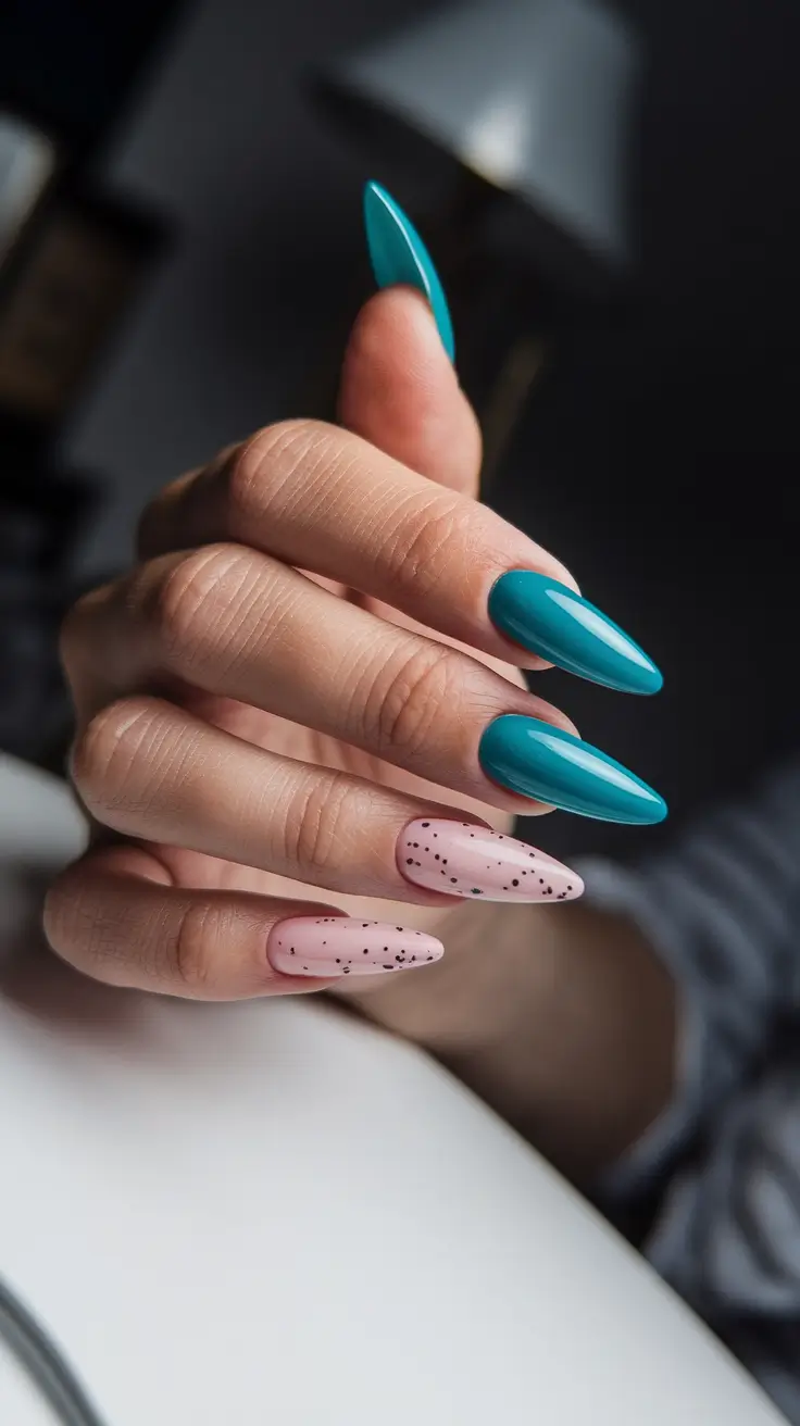 Must-Try Nail Designs for Summer 2025 Teal + Speckle Contrast